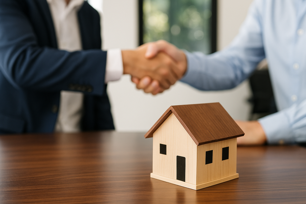 Handshake and model house symbolizing real estate attorney services in Fort Lauderdale