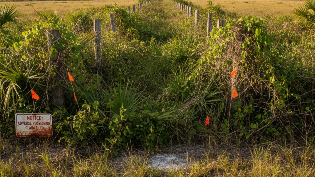 Florida property boundary fence line with survey markers — adverse possession