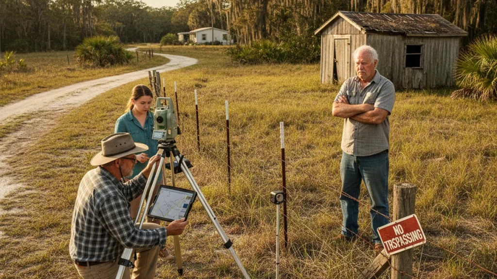 Florida surveyor measuring disputed property boundary