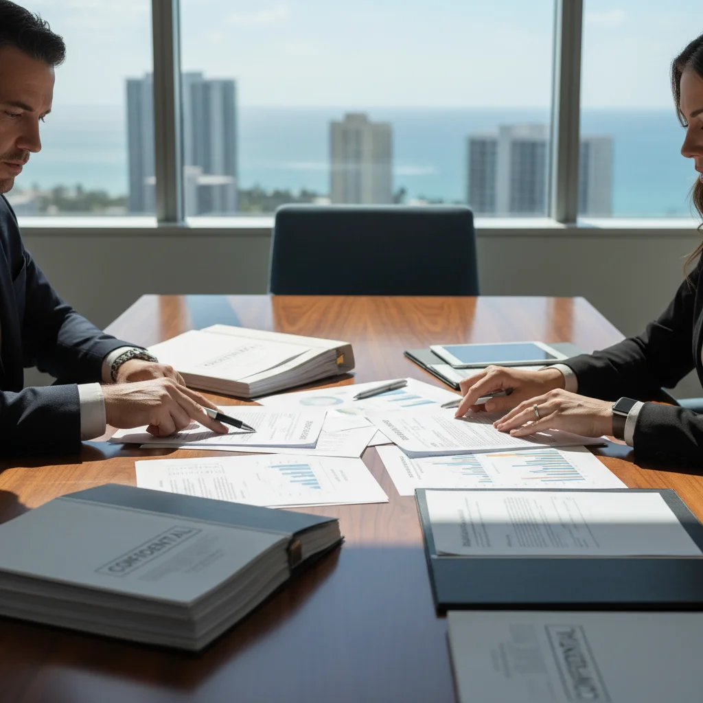 What Makes a Business Dispute Worth Litigating in Florida? 2 Business professionals reviewing litigation documents in Fort Lauderdale office