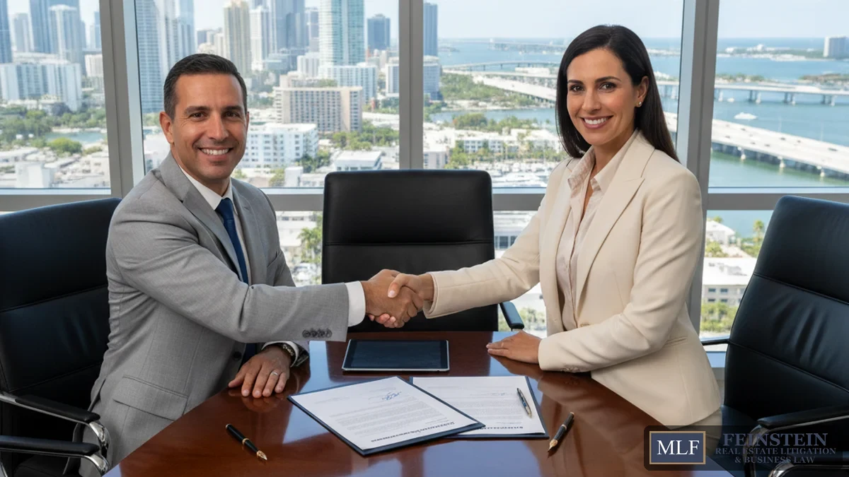 Business professionals reviewing litigation documents in Fort Lauderdale office