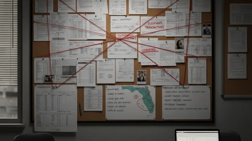 Florida business fraud evidence board with connected financial documents