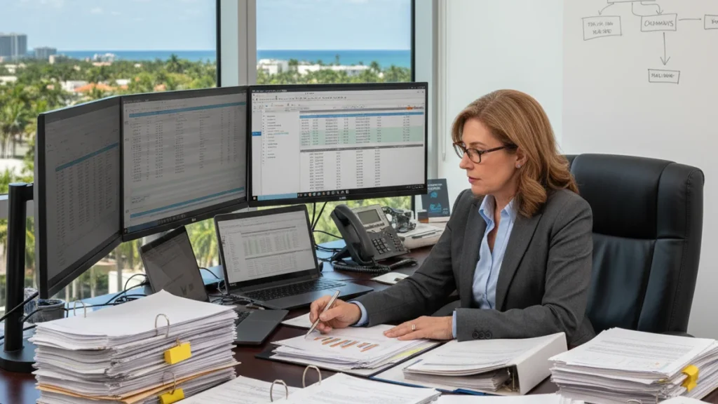 Florida business fraud investigation with forensic accountant reviewing financial documents