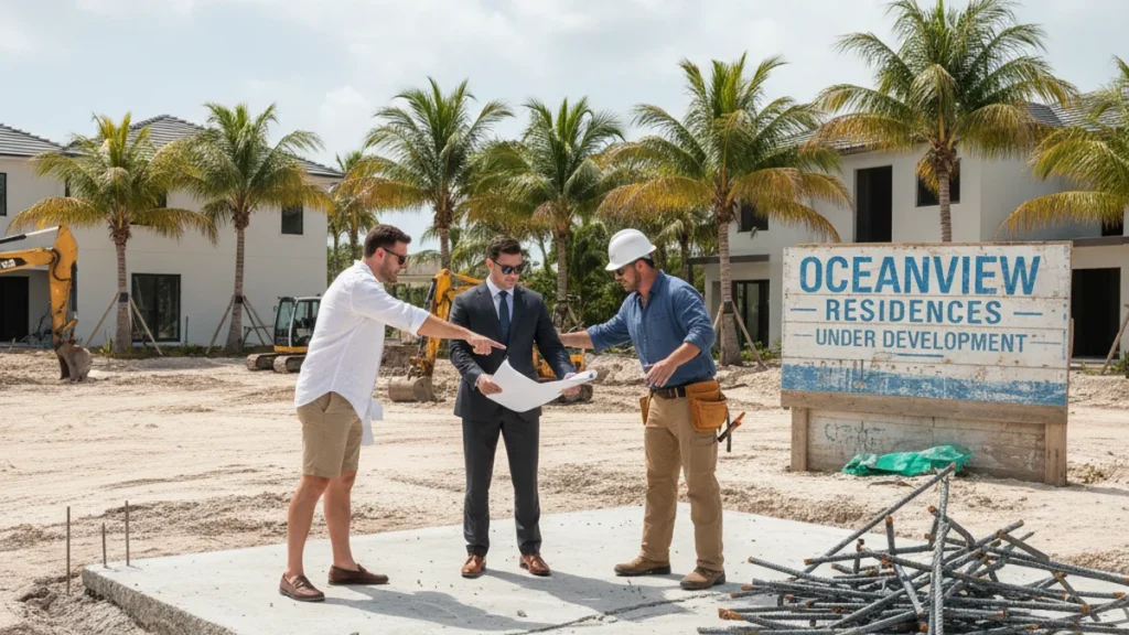 South Florida construction contract dispute with builder and attorney on job site