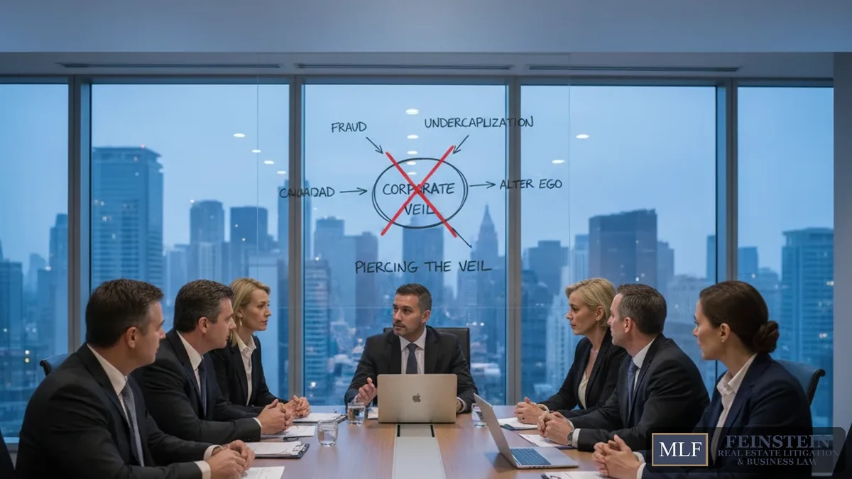 Corporate Veil Piercing in Florida: When Owners Become Personally Liable 3 Corporate law boardroom discussing piercing corporate veil