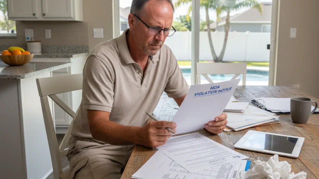 Frustrated Florida homeowner reviewing HOA violation letter