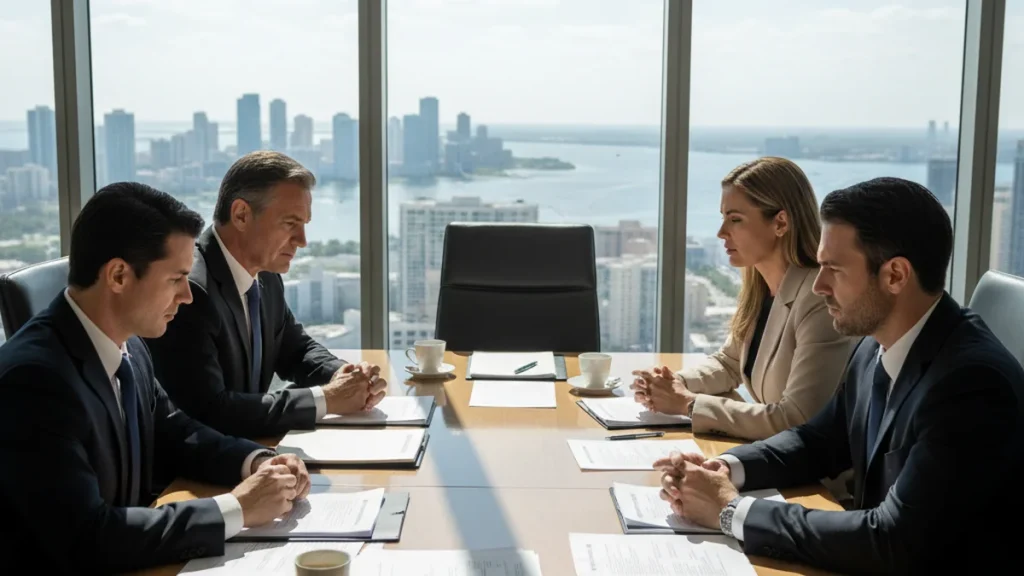 Partnership Dissolution in Florida: What Happens When Business Partners Split 3 Florida business partners discussing dissolution with attorneys at conference table