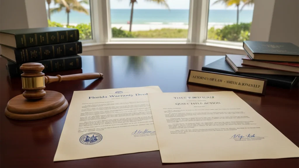 Florida quiet title action property deed and gavel on attorney desk