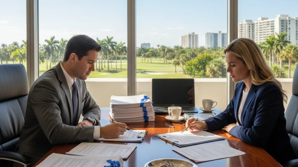 Florida real estate closing table with attorneys reviewing disputed contracts