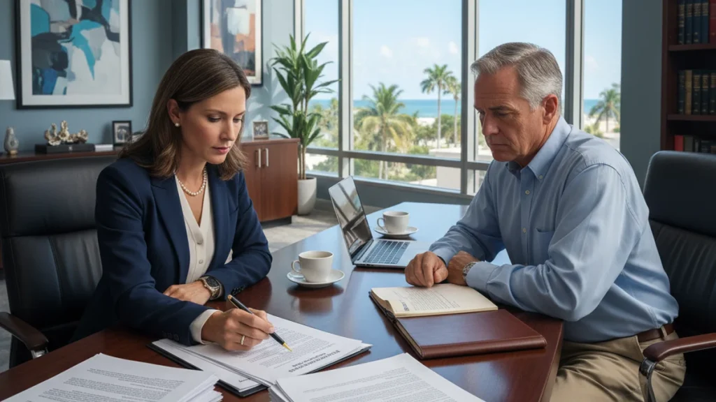 Breach of Fiduciary Duty in Florida Real Estate Transactions 5 Florida real estate attorney reviewing fiduciary duty breach documents with client