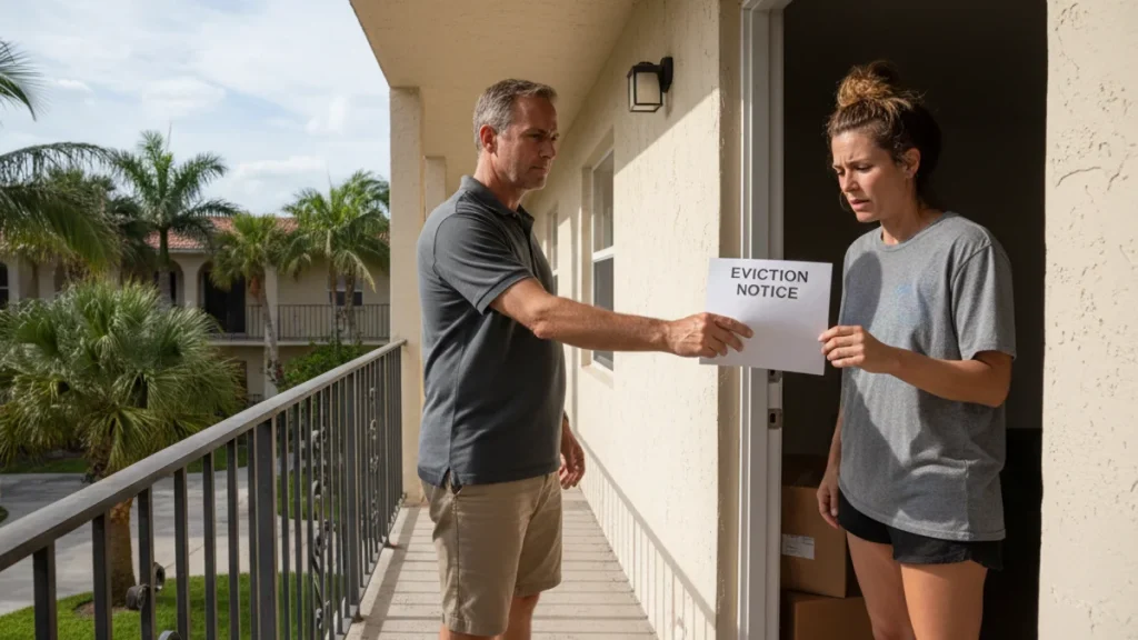 Florida tenant receiving eviction notice at apartment door