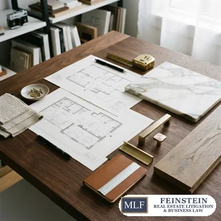 Luxury finish samples including marble, brass, and white oak flooring