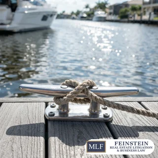 Stainless steel dock cleat with marine line on a Fort Lauderdale deepwater dock
