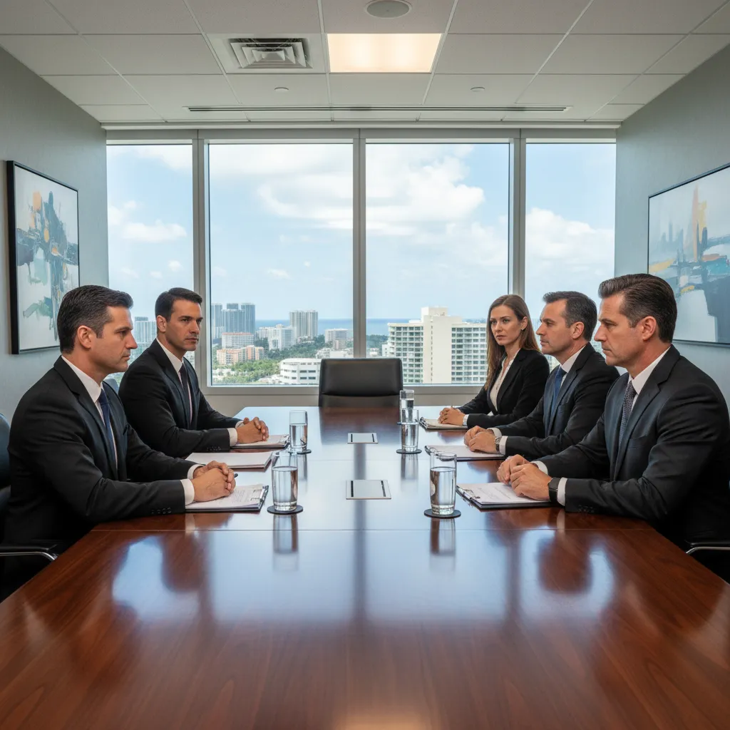 Luxury Real Estate Attorney and Broker For South Florida Buyers Florida shareholder meeting with partners disputing in a boardroom